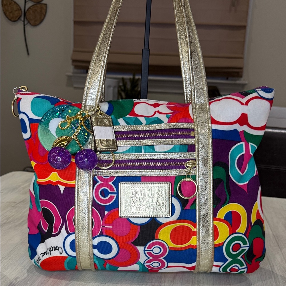 Coach Poppy Graffiti Glam C Multicolor Tote with Gold Handles EUC